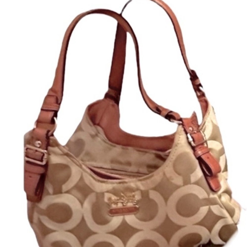 Coach Canvas & Leather Tan Signature Logo Shoulder Bag. GUC “Peach” Straps, VNTG - Picture 2 of 10